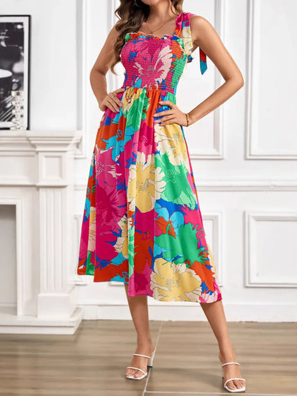 Hazel Blues® |  Smocked Printed Tie Shoulder Midi Dress