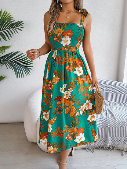 Hazel Blues® |  Smocked Floral Tie Shoulder Midi Dress