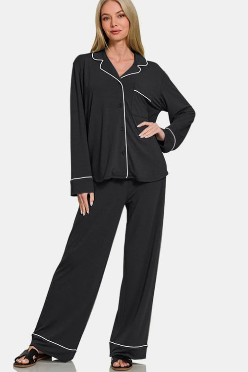 Hazel Blues® |  Zenana Button Down Long Sleeve Top and Pants Lounge Set