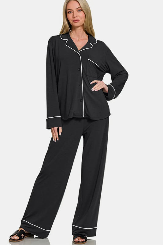 Hazel Blues® |  Zenana Button Down Long Sleeve Top and Pants Lounge Set