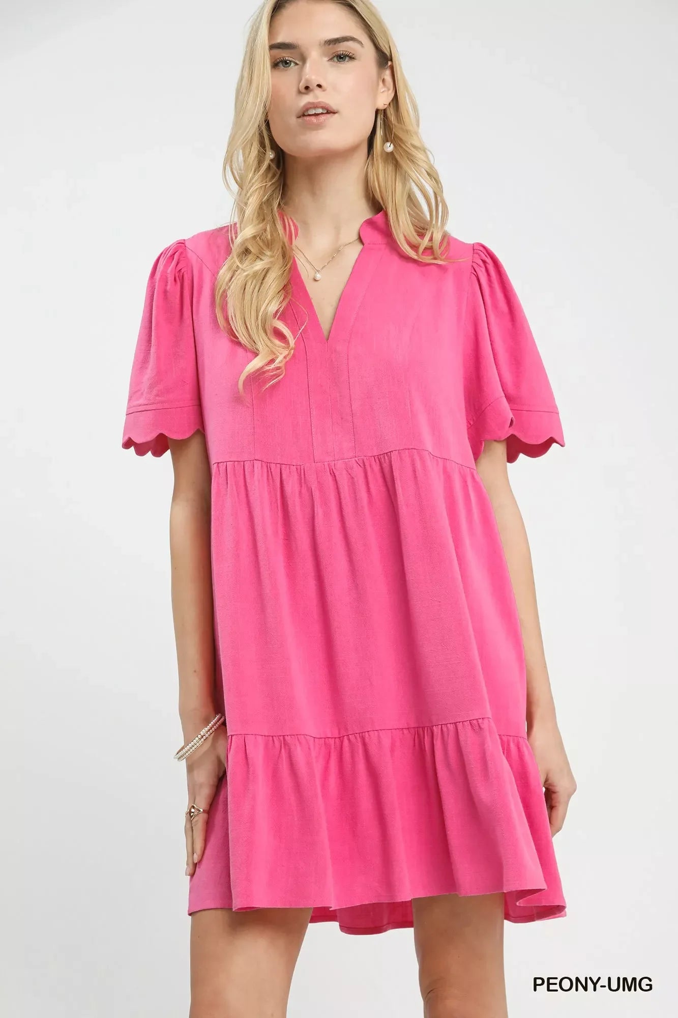 Hazel Blues® |  Umgee Linen Tiered Babydoll Dress with Scalloped Sleeves