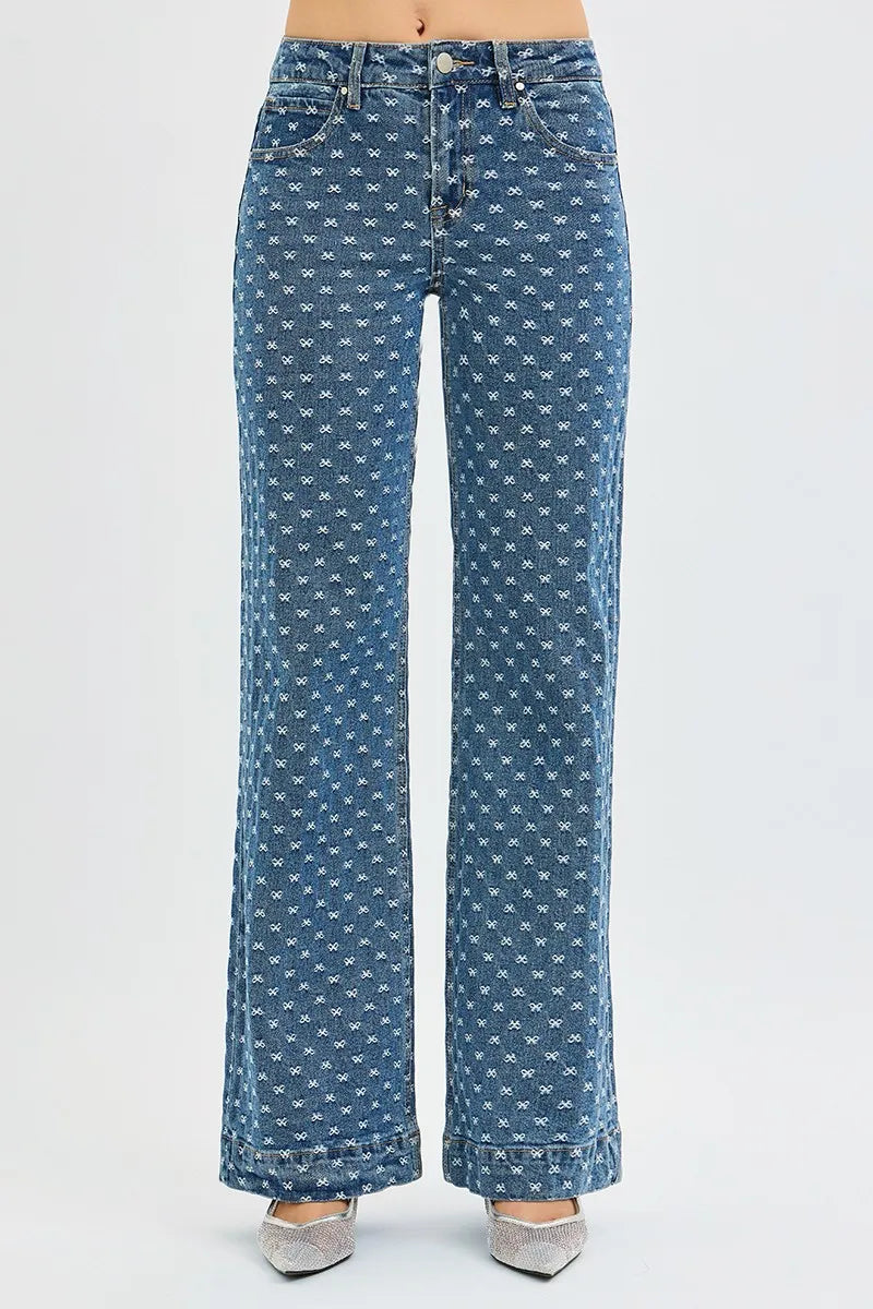 Hazel Blues® |  RISEN High Rise Wide Leg Bow Embroidered Jeans
