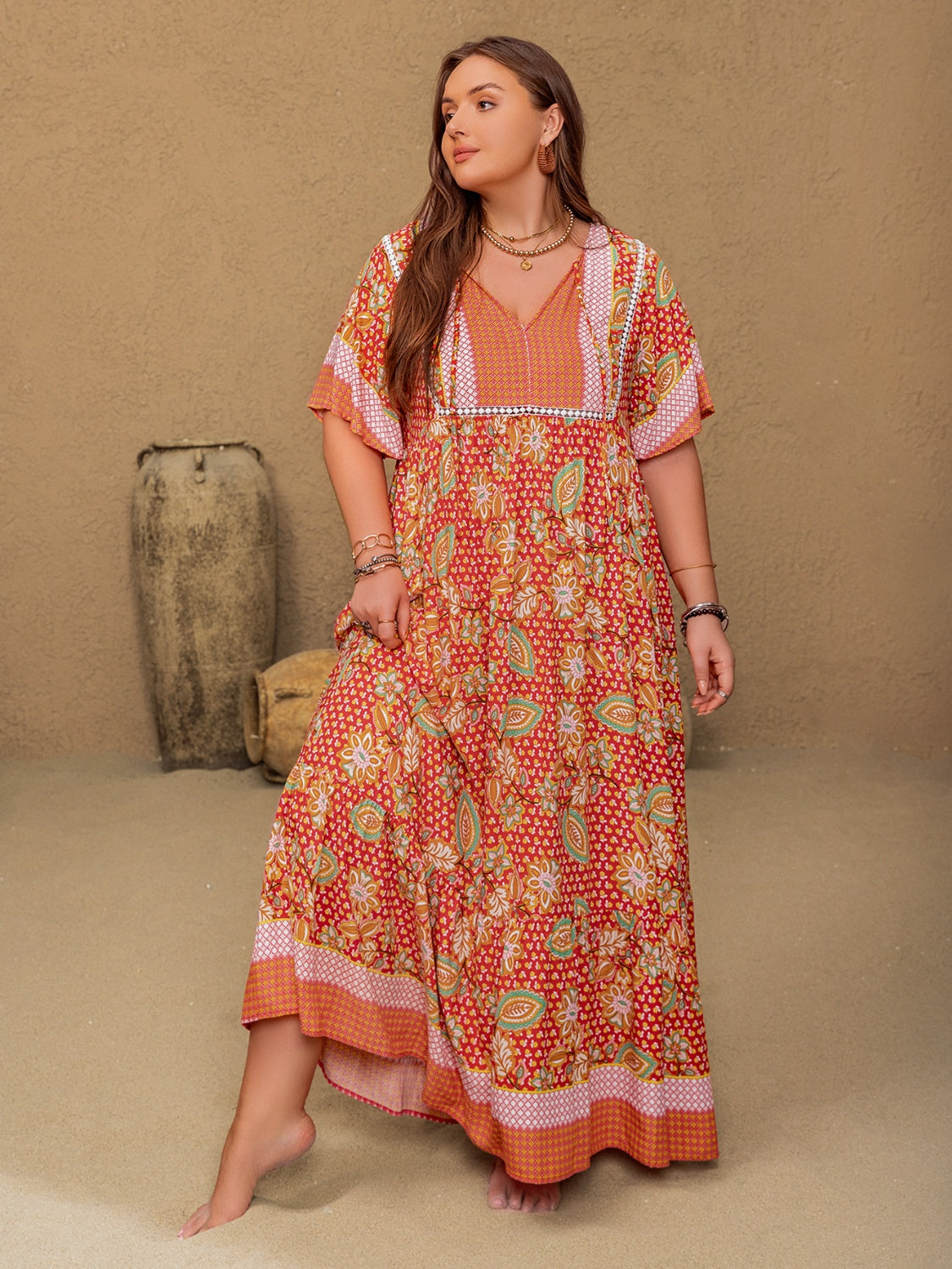 Hazel Blues® | Printed Tie Neck Flutter Sleeve Maxi Dress