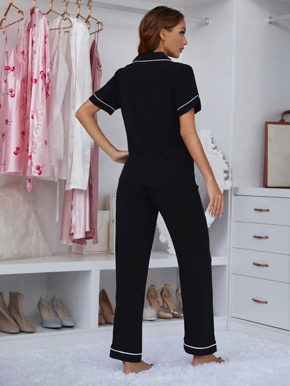 Hazel Blues® |  Contrast Piping Lapel Collar Short Sleeve Top and Pants Pajama Set