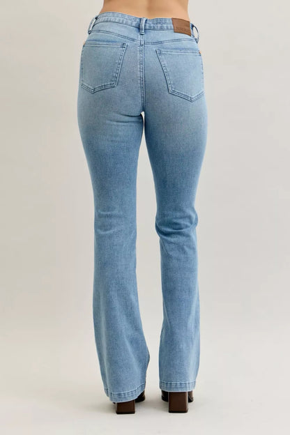 Hazel Blues® | Judy Blue Mid Rise Bootcut Jeans with Contrast Wash & Front Patch Pockets