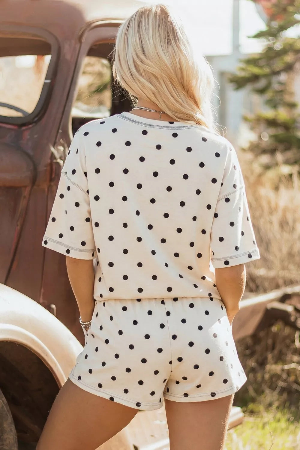 Hazel Blues® |  Exposed Seam Detail Polka Dot Loose Tee Drawstring Shorts Set