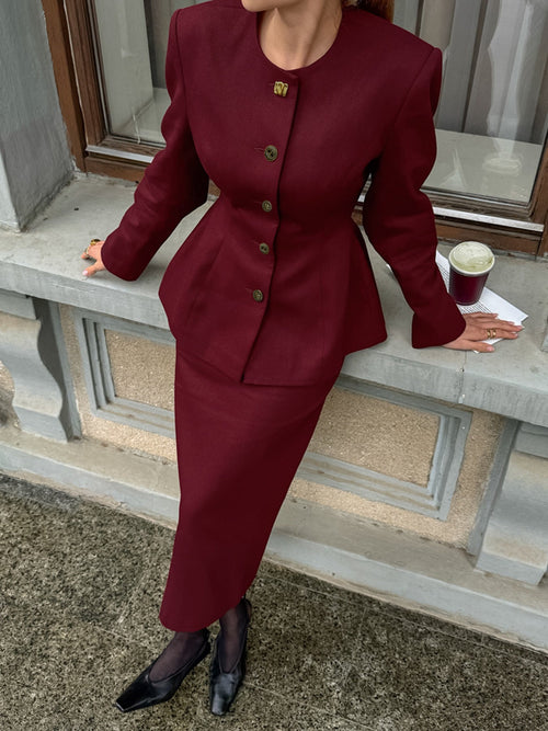 Hazel Blues® |  Button Up Peplum Blazer & Skirt Set