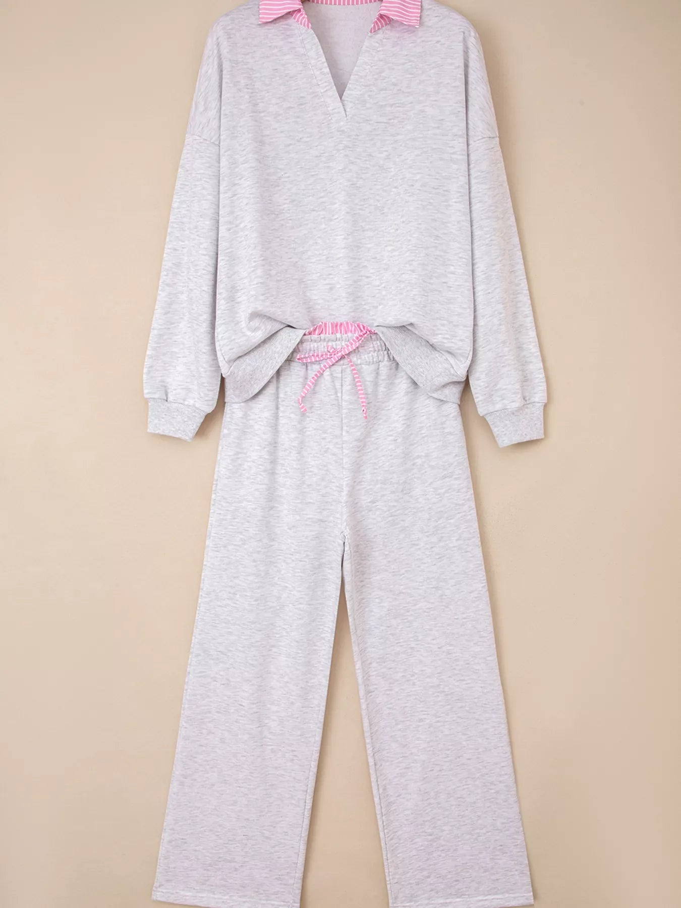 Hazel Blues® |  Contrasted Trim Frilled Collar Drop Shoulder Top and Drawstring Pant Set