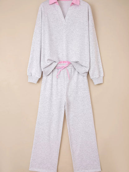 Hazel Blues® |  Contrasted Trim Frilled Collar Drop Shoulder Top and Drawstring Pant Set