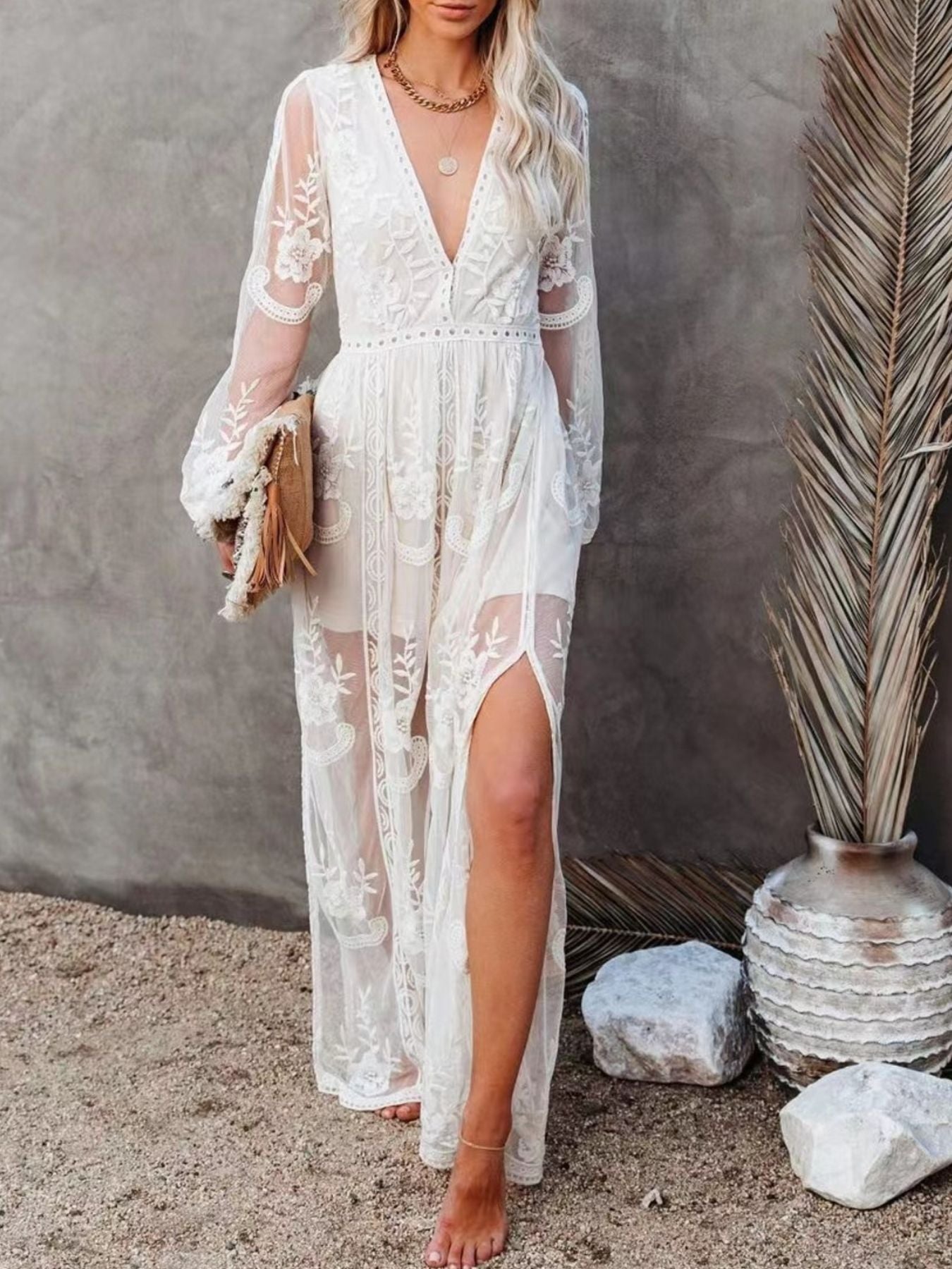 Hazel Blues® |  Floral Lace Slit Maxi Dress