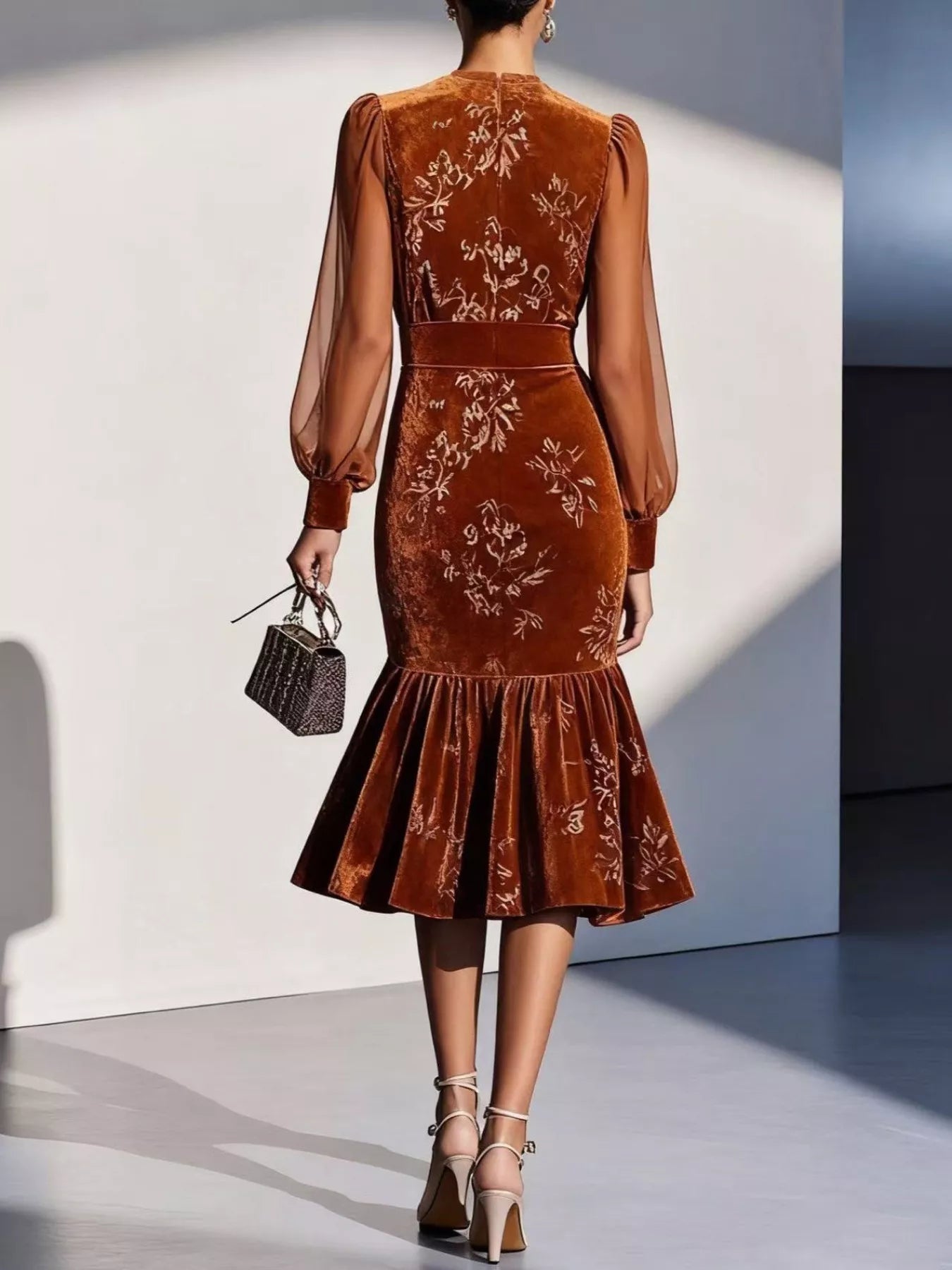 Hazel Blues® |  Velvet Floral Lantern Sleeve Midi Dress