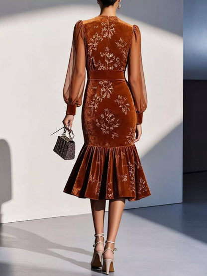 Hazel Blues® |  Velvet Floral Lantern Sleeve Midi Dress