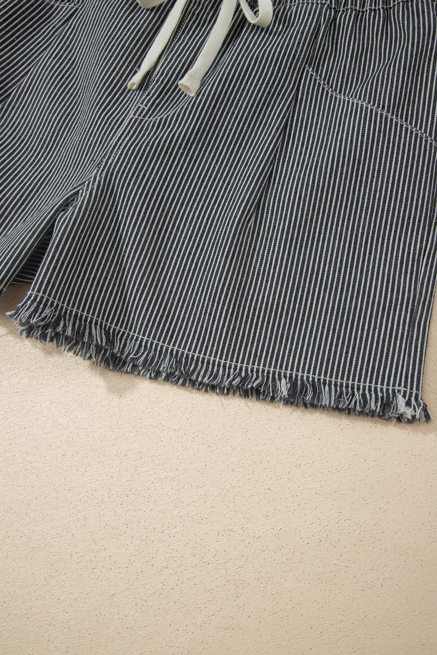 Hazel Blues® |  Black Stripe Raw Edge Drawstring Elastic Waist Casual Denim Shorts