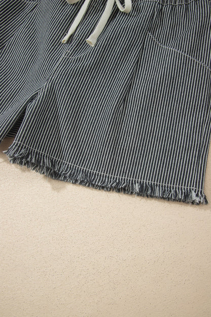 Hazel Blues® |  Black Stripe Raw Edge Drawstring Elastic Waist Casual Denim Shorts