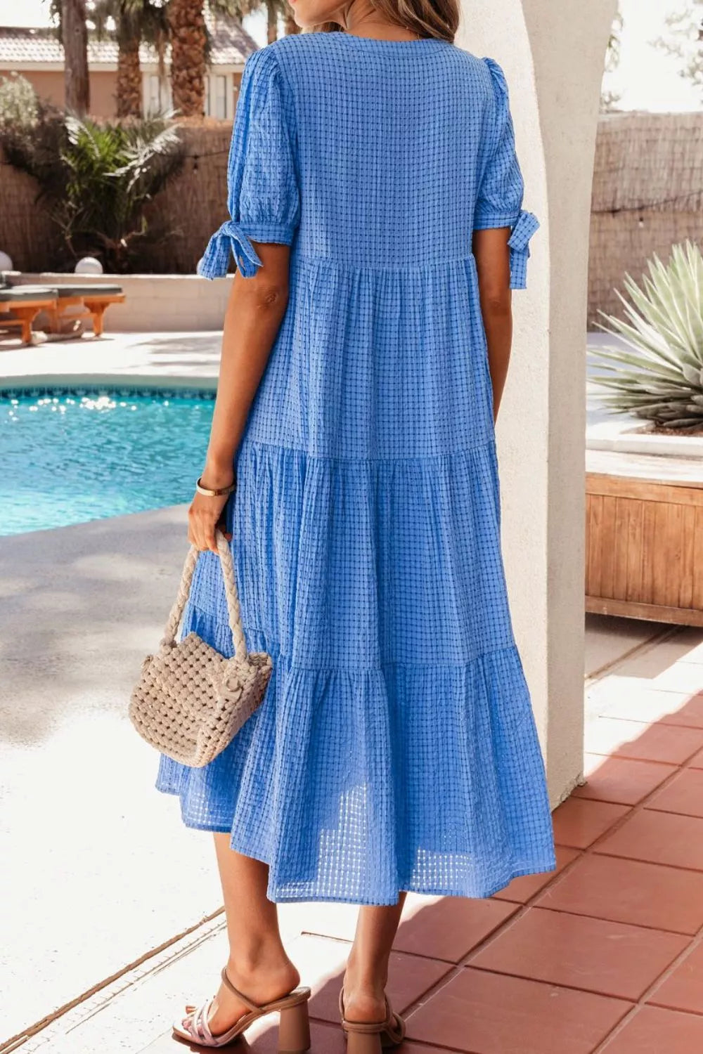 Hazel Blues® |  Notched Short Sleeve Tiered Midi Dress