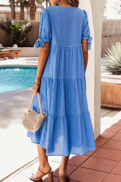 Hazel Blues® |  Notched Short Sleeve Tiered Midi Dress