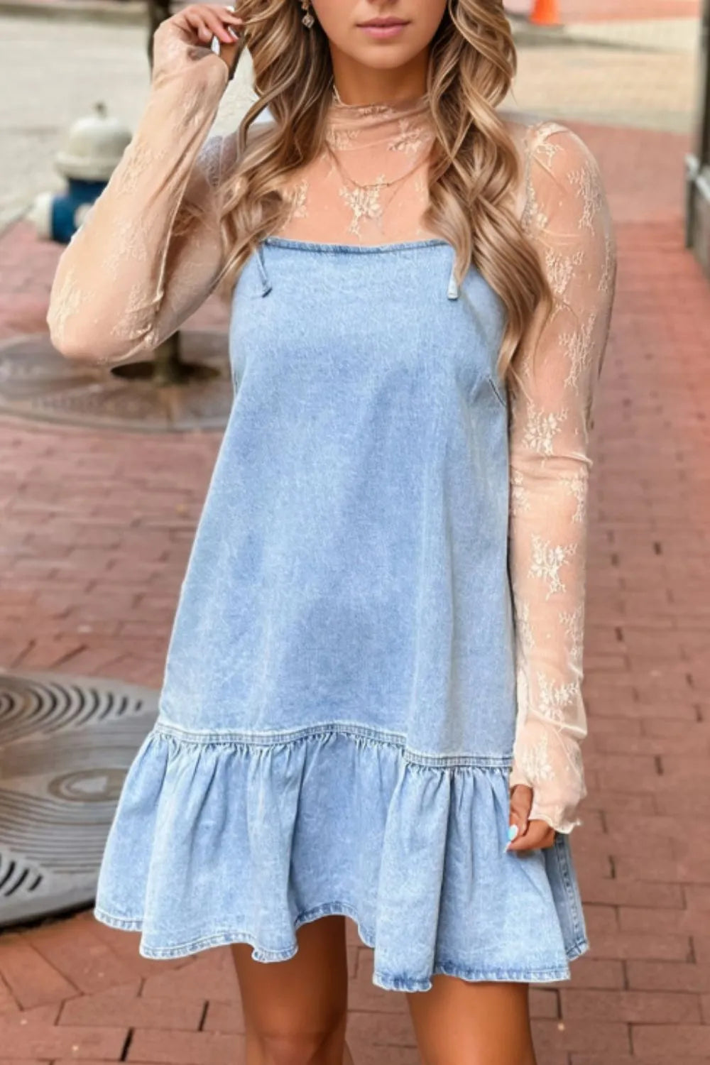 Hazel Blues® |  Bow Detail Spaghetti Straps Ruffle Hem Denim Dress