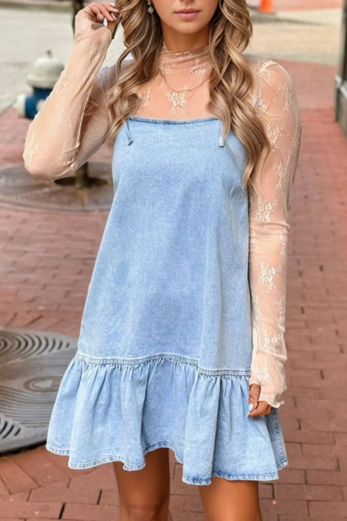 Hazel Blues® |  Bow Detail Spaghetti Straps Ruffle Hem Denim Dress