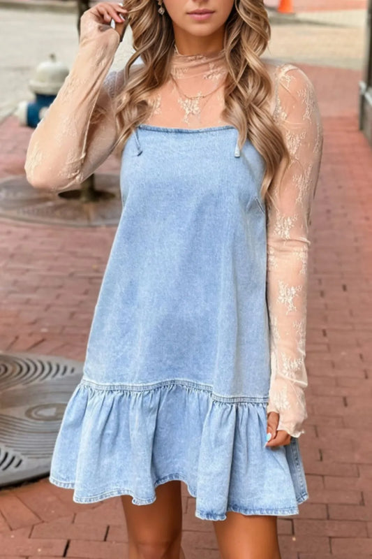 Hazel Blues® |  Bow Detail Spaghetti Straps Ruffle Hem Denim Dress