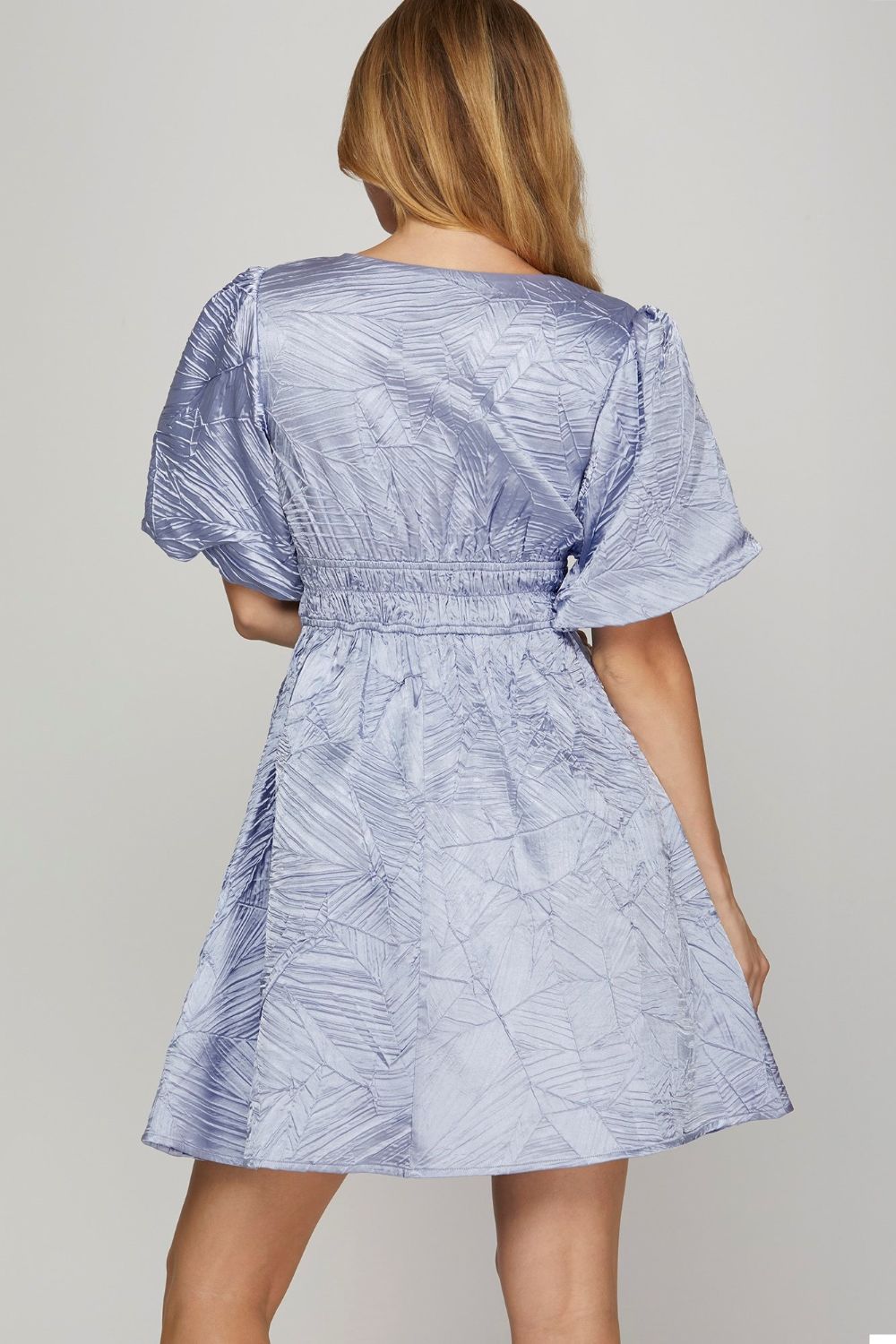 Hazel Blues® |  She + Sky Crinkle Woven V-Neck Balloon Sleeve Mini Dress