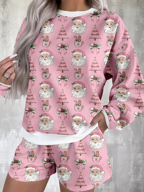 Hazel Blues® |  Christmas Santa Print Round Neck Top and Shorts Lounge Set