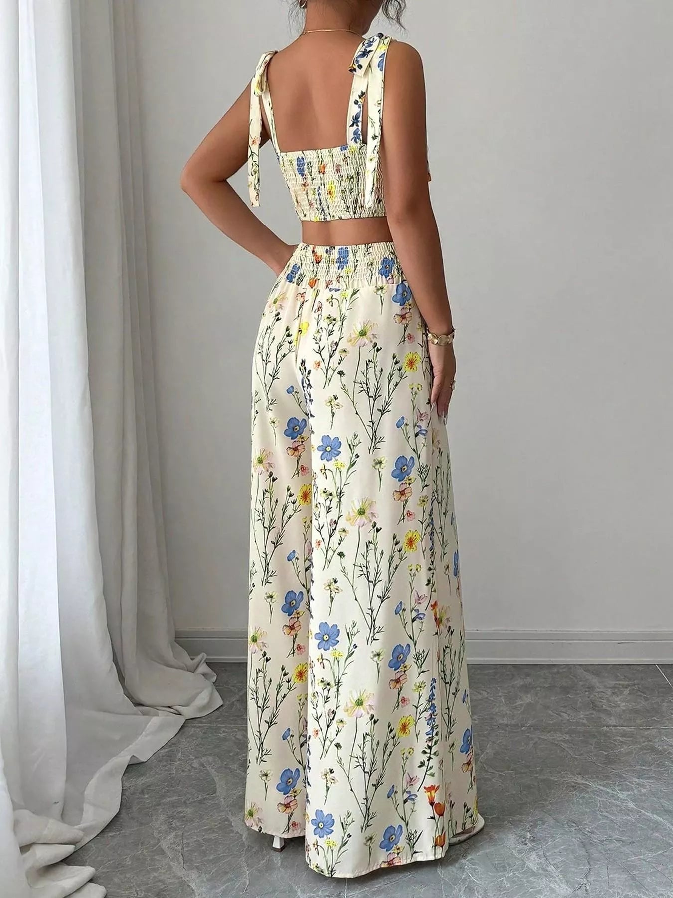 Hazel Blues® |  Floral Print Tie-Shoulder Crop Top & Wide Leg Pants Set