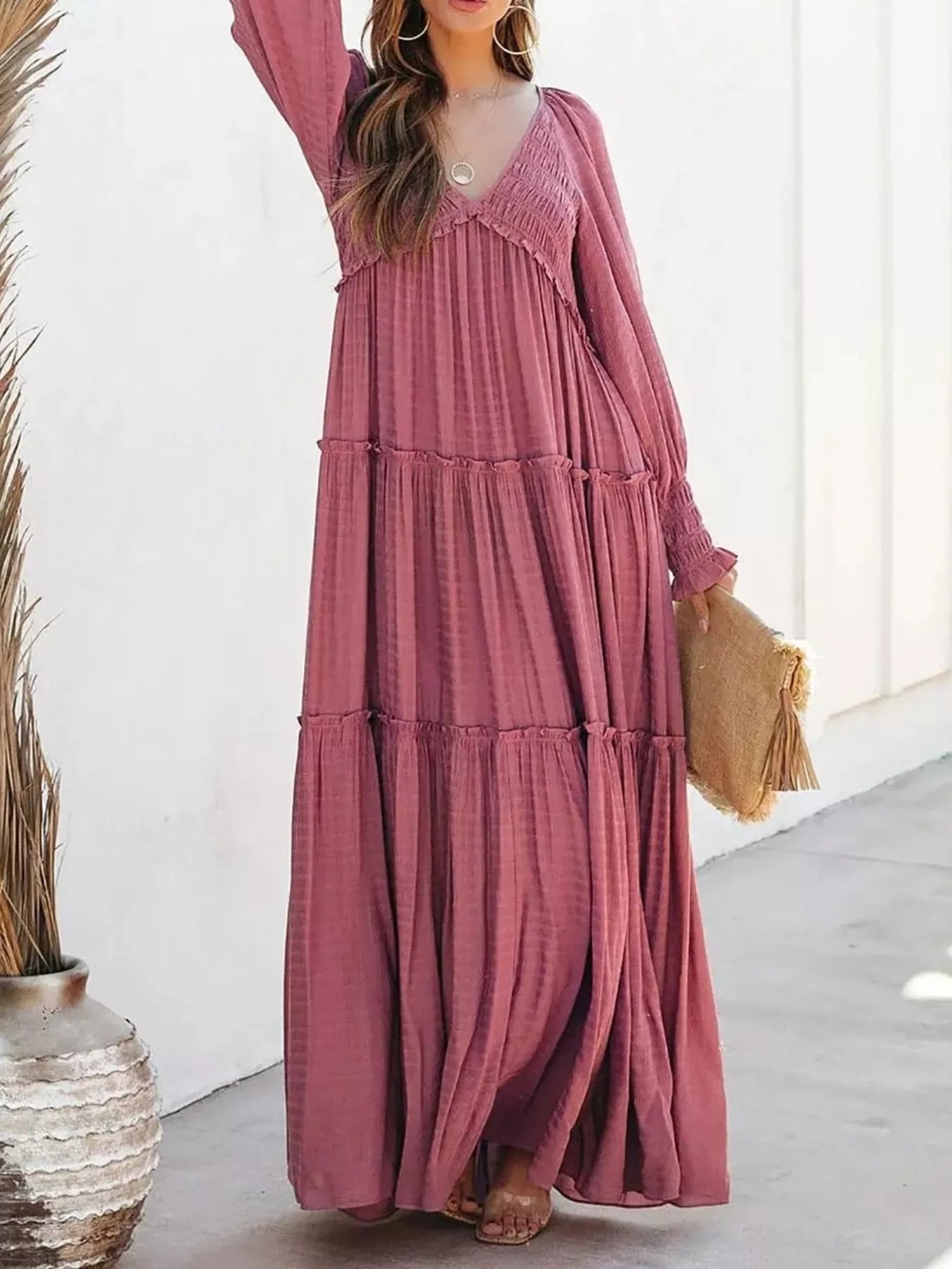 Hazel Blues® |  V-Neck Long Sleeve Tiered Maxi Dress