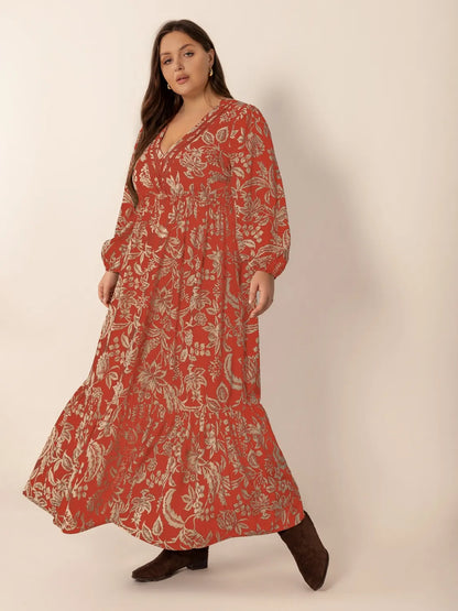 Hazel Blues® | Lace Detail Printed Balloon Sleeve Midi Dress