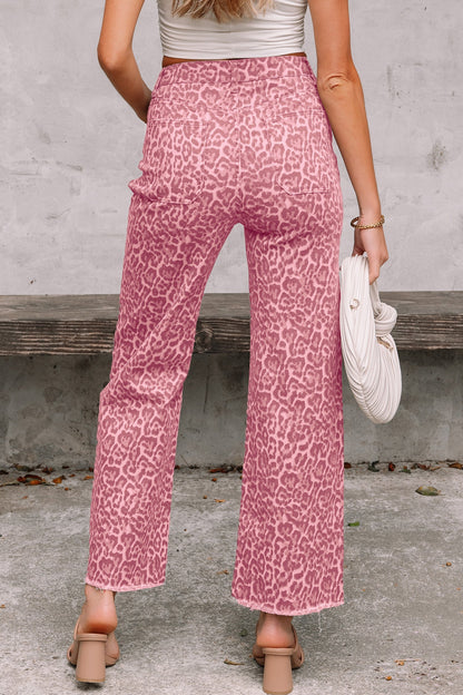 Hazel Blues® |  Gray Leopard Frayed Edge Wide Leg High Waist Jeans