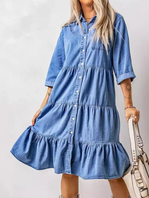 Hazel Blues® | Ruffled Hem Button Up Denim Midi Dress