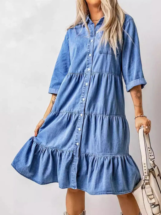 Hazel Blues® | Ruffled Hem Button Up Denim Midi Dress