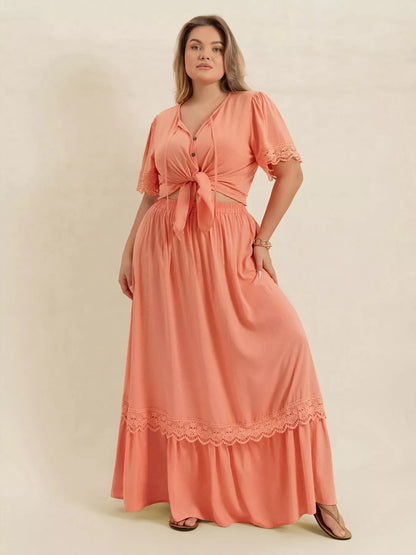 Hazel Blues® | Lace Detail Tie Neck Top and Skirt Set