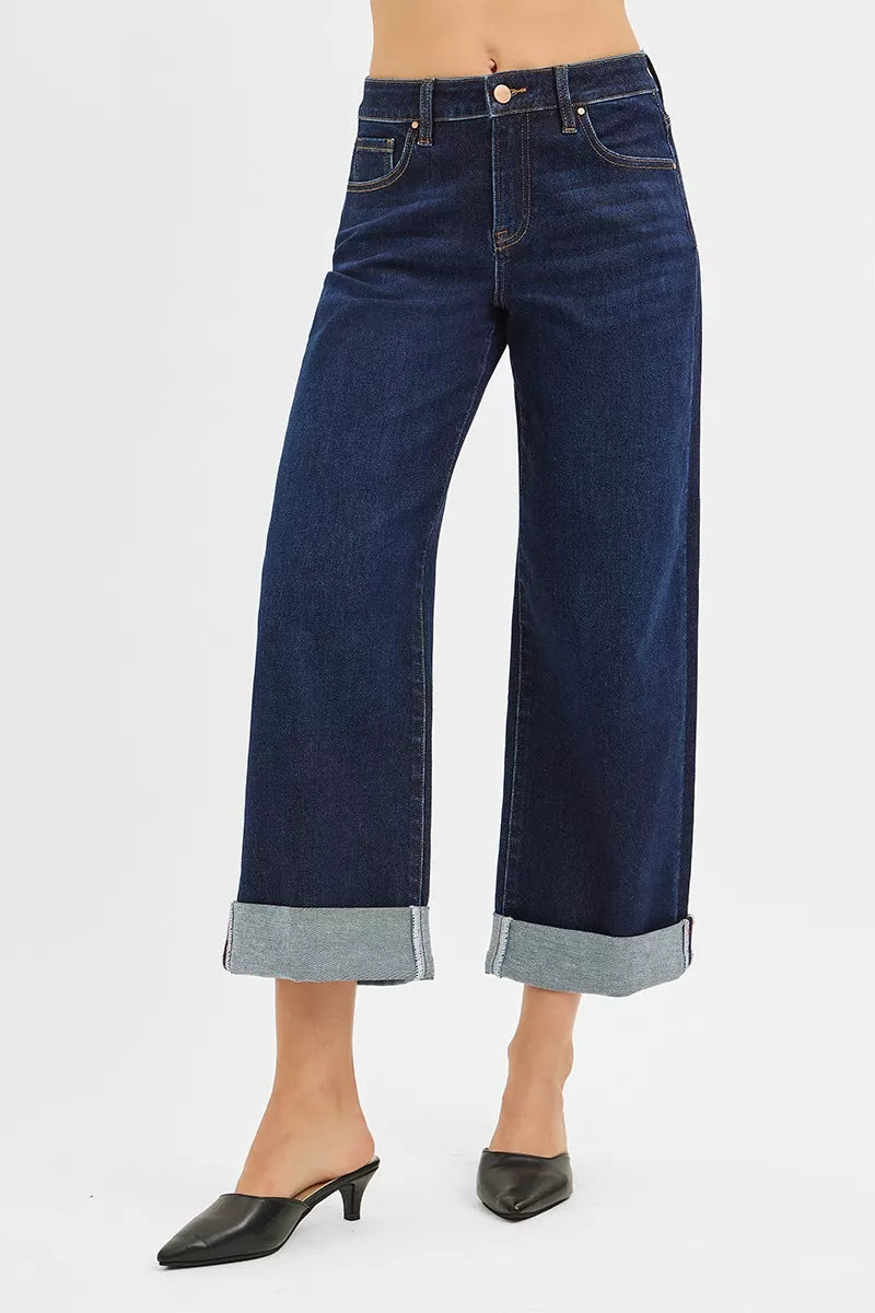 Hazel Blues® |  RISEN Mid Rise Fit Ankle Wide Roll Up Jeans