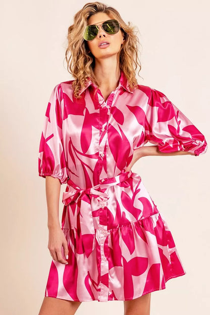 Hazel Blues® |  BiBi Leaf Pattern Collared Satin Dress