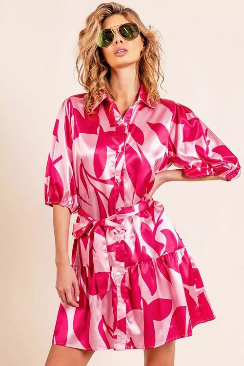 Hazel Blues® |  BiBi Leaf Pattern Collared Satin Dress