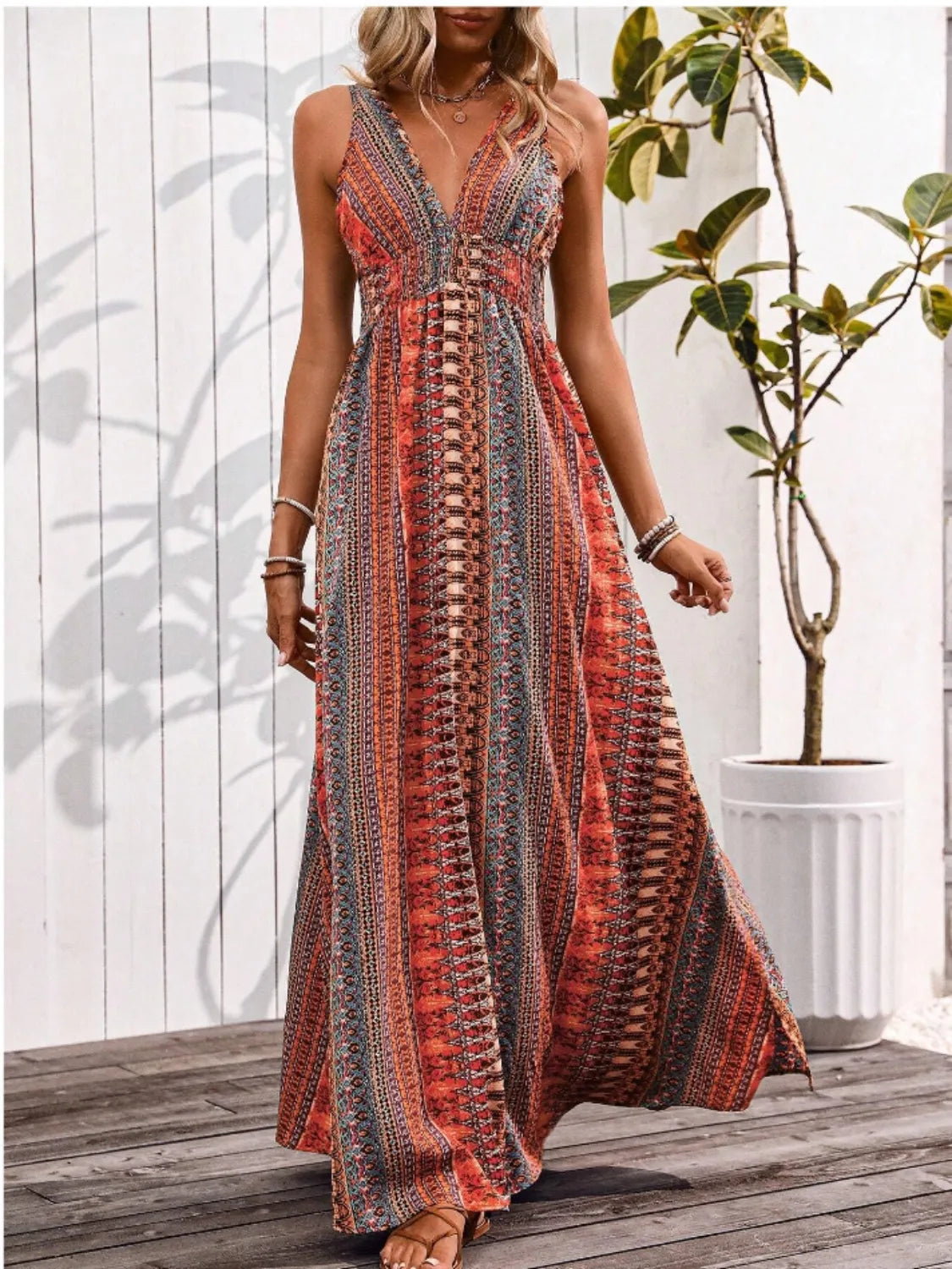 Hazel Blues® |  Tied Back Printed Sleeveless Maxi Slit Dress