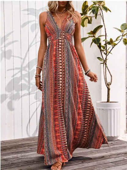 Hazel Blues® |  Tied Back Printed Sleeveless Maxi Slit Dress