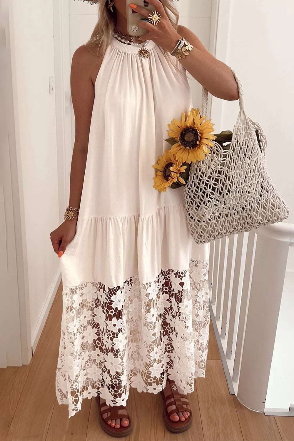 Hazel Blues® |  Hollowed Floral Lace Hem Patchwork Loose Halter Summer Dress