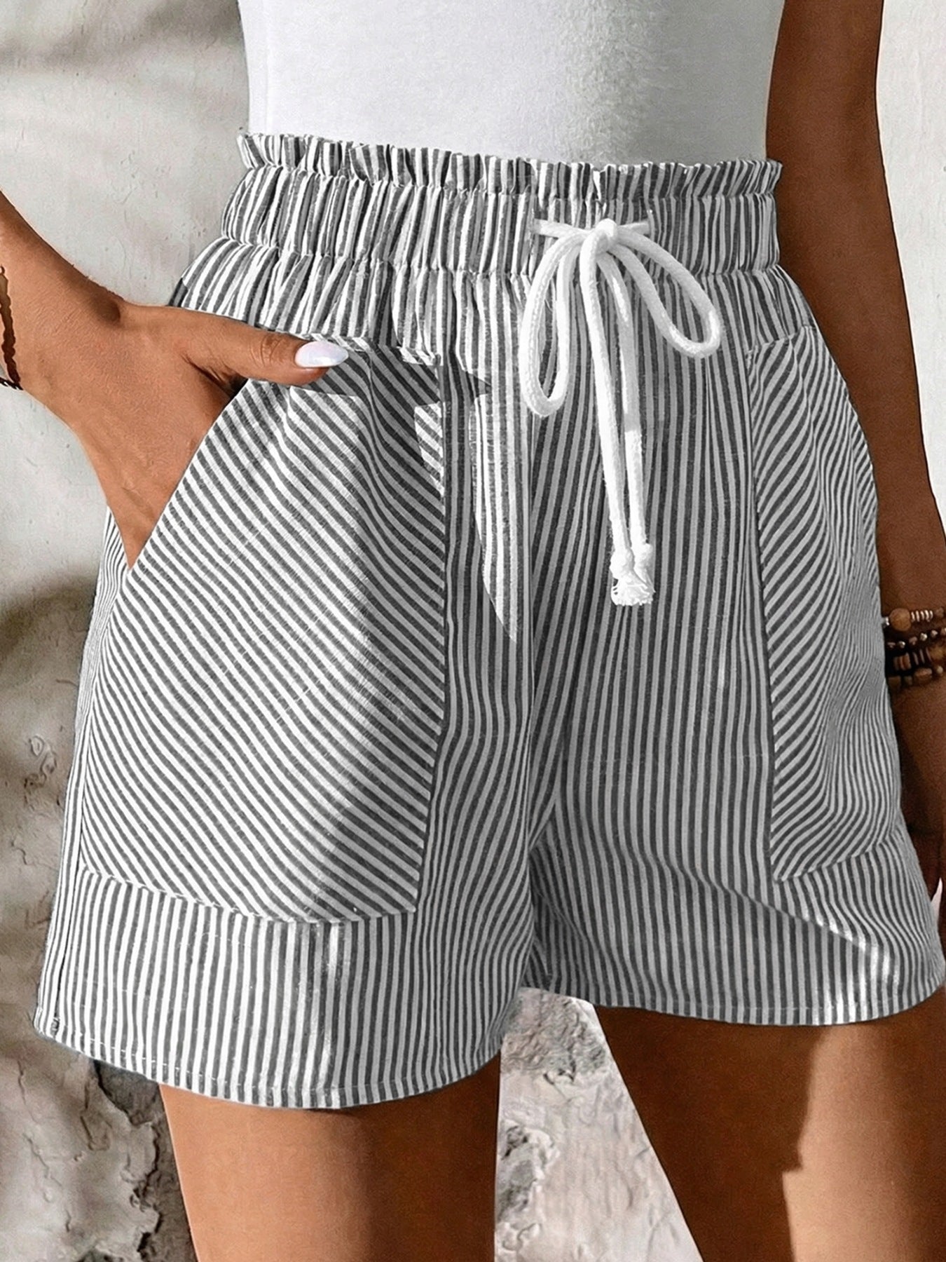 Hazel Blues® |  Striped Elastic Waist Drawstring Shorts