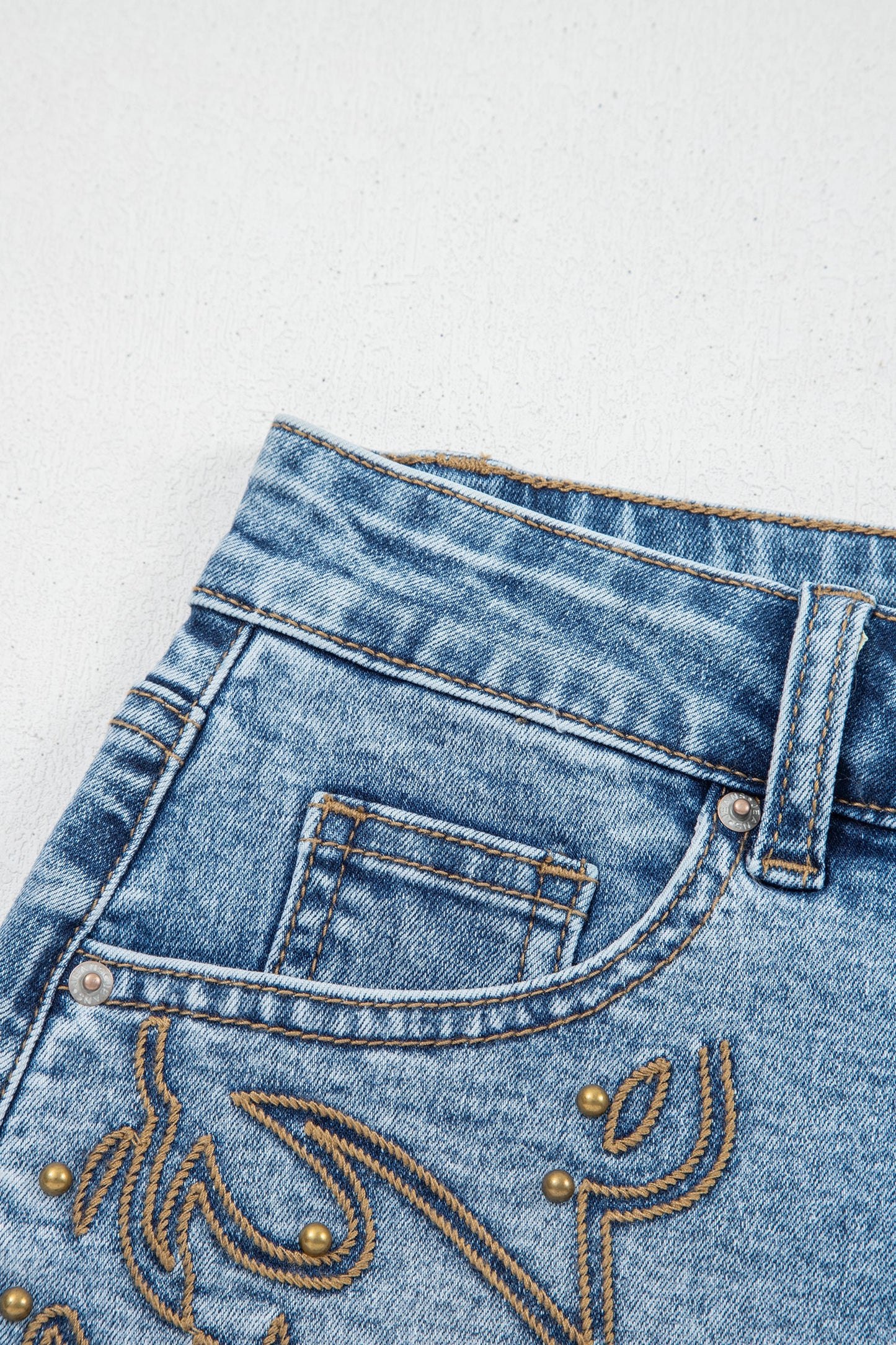 Hazel Blues® |  Dusk Blue Western Embroidery Stud Denim Shorts Summer Daily Wear