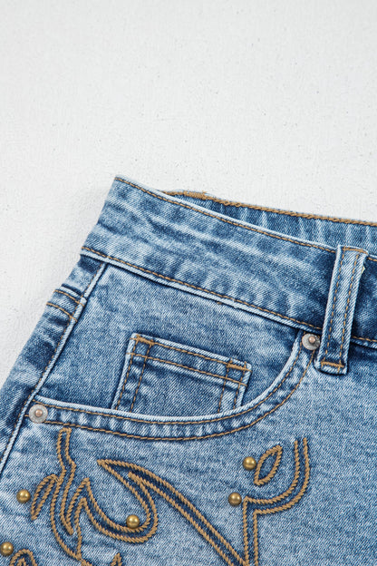 Hazel Blues® |  Dusk Blue Western Embroidery Stud Denim Shorts Summer Daily Wear