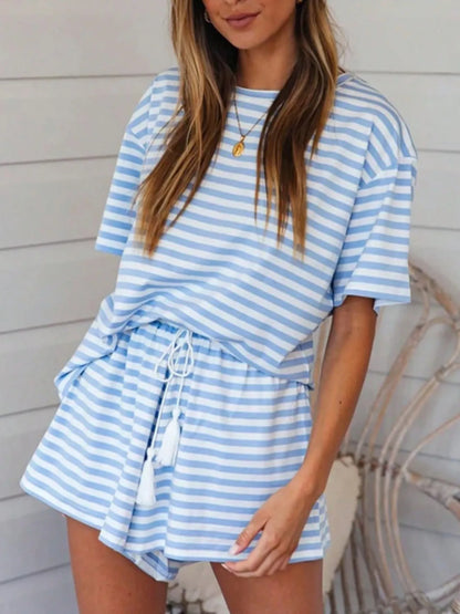 Hazel Blues® |  Striped Short Sleeve Tee and Drawstring Shorts Set