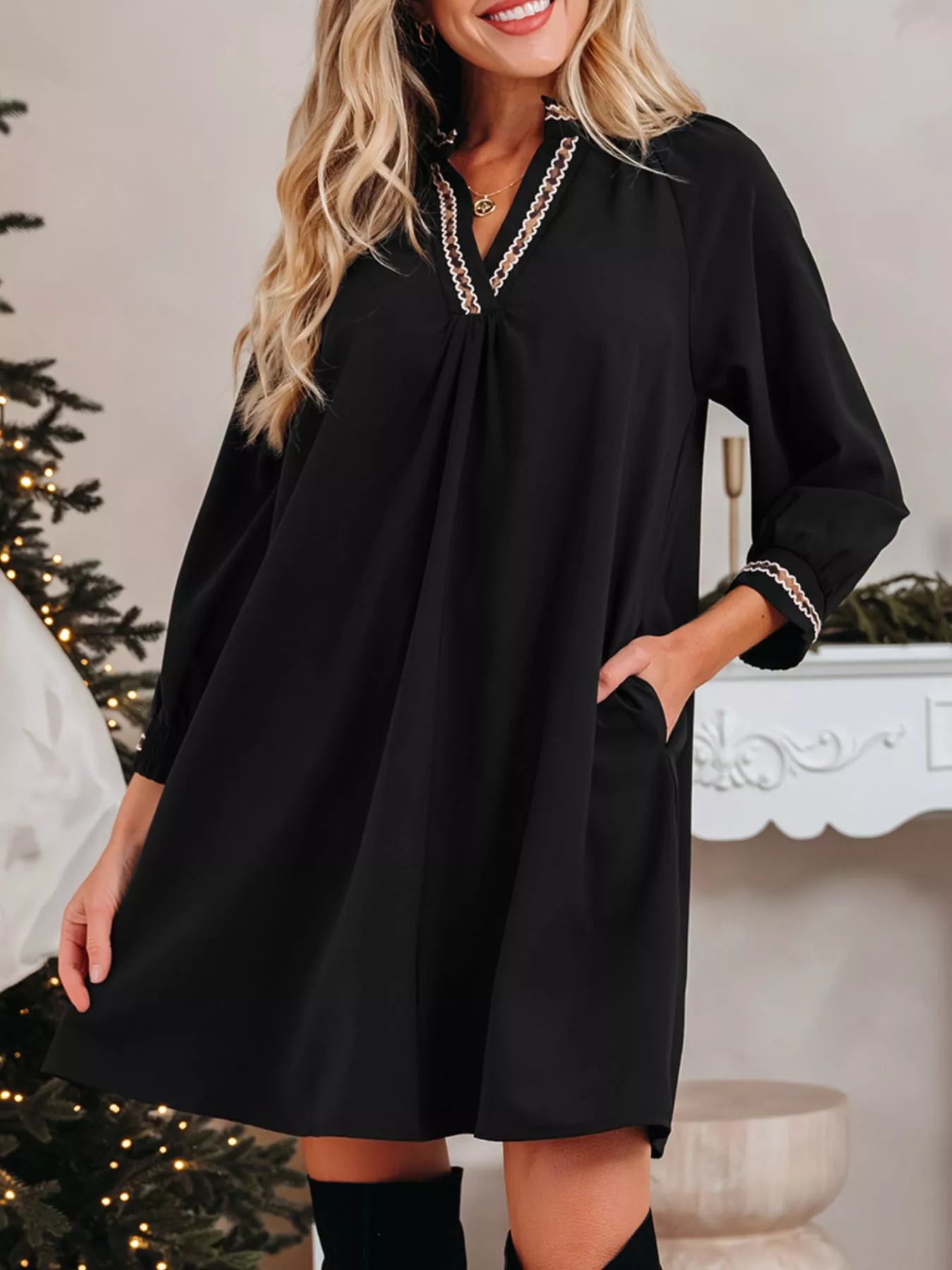 Hazel Blues® |  Contrast Trim Bracelet Sleeve Shift Mini Dress