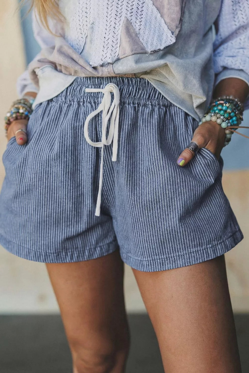 Hazel Blues® |  Striped Drawstring Denim Shorts