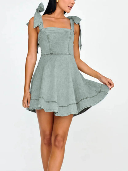 Hazel Blues® |  Bow-Shoulder Square Neck Denim Mini Dress