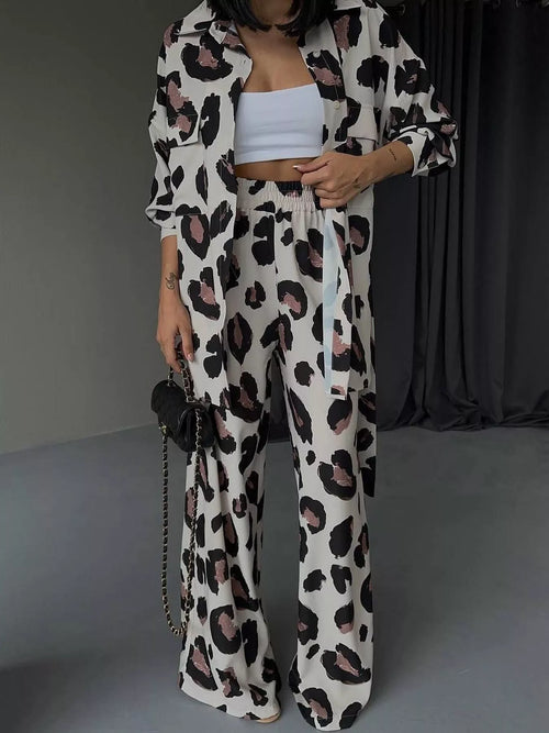 Hazel Blues® |  Leopard Print Relaxed Fit Shirt and Pants Two-Piece Set