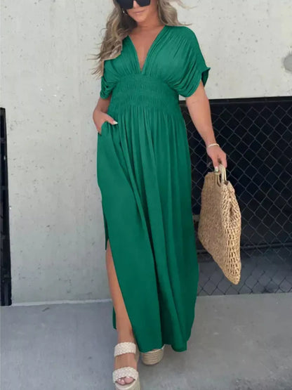Hazel Blues® | Slit V-Neck Smocked Waist Maxi Dress
