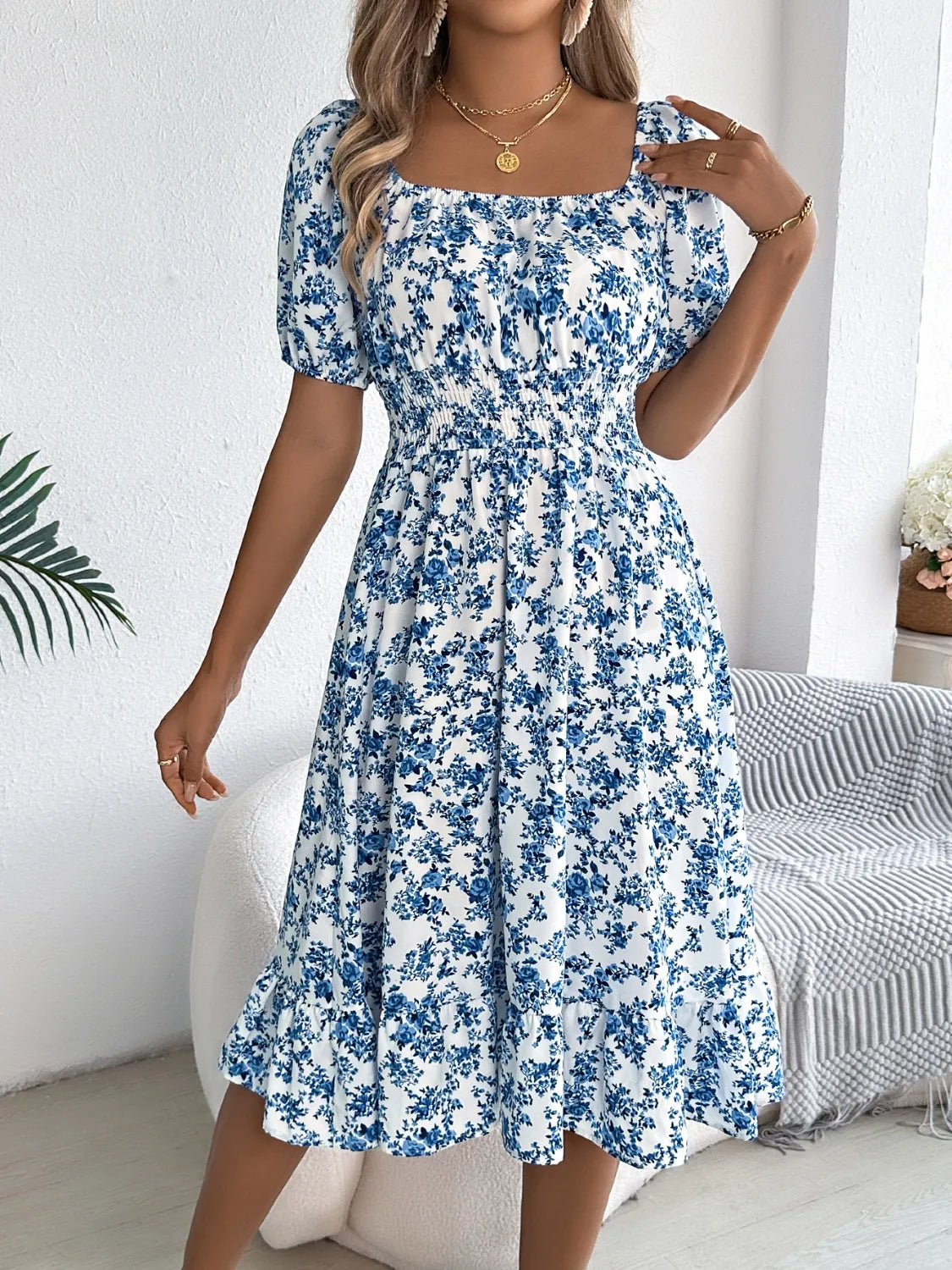 Hazel Blues® |  Ruffled Hem Floral Puff Sleeve Dress