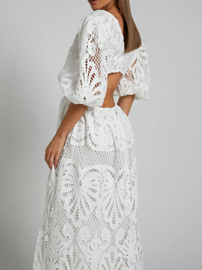 Hazel Blues® |  Cutout Back Lace Crochet V-Neck Dress