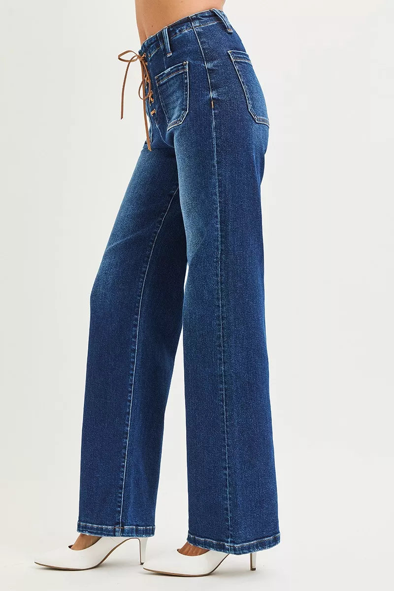 Hazel Blues® | RISEN High Rise Wide Leg Jeans with Front Tie Detail